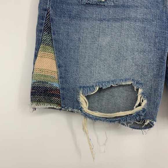 Free People Denim Shorts High Rise Blue Bermuda Distressed Tribal - Picture 5 of 12